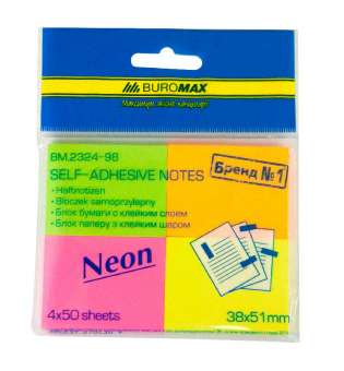 Блок паперу для нотаток NEON, 38х51 мм, 4 кол. по 50 арк.