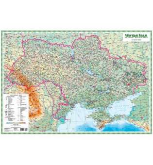 Україна. З/г карта ламінована м-б 1:1 500 000 на капі в рамі