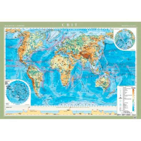 Фізична настінна карта світу м-б 1:22 000 000