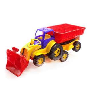 Трактор з ковшем і причепом (синьо-червоний)