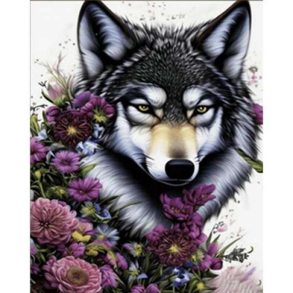 Алмазна мозаїка "Вовк у квіточках" 30х40 см