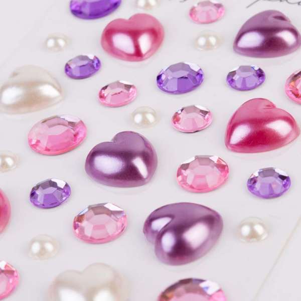 Стрази і перлини SANTI самоклеючі Heart mix рожеві, бузкові, 36 шт