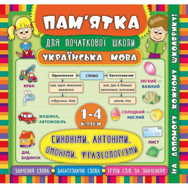 Пам’ятка для початкової школи. Укр. мова. Синоніми, антоніми, омоніми, фразеол. 1-4 кл.