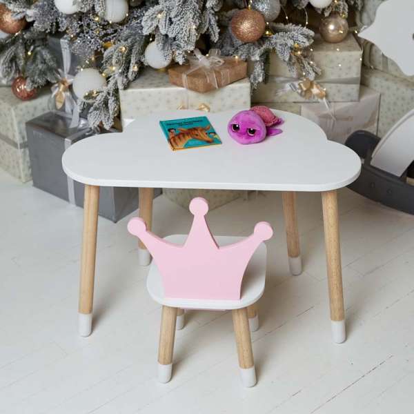 Білий столик хмарка і стільчик корона дитячий рожевий. Білосніжний дитячий столик