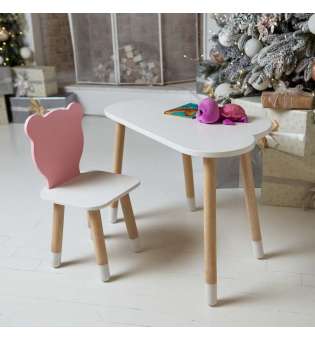 Білий столик хмарка і стільчик ведмедик дитячий рожевий. Білосніжний дитячий столик