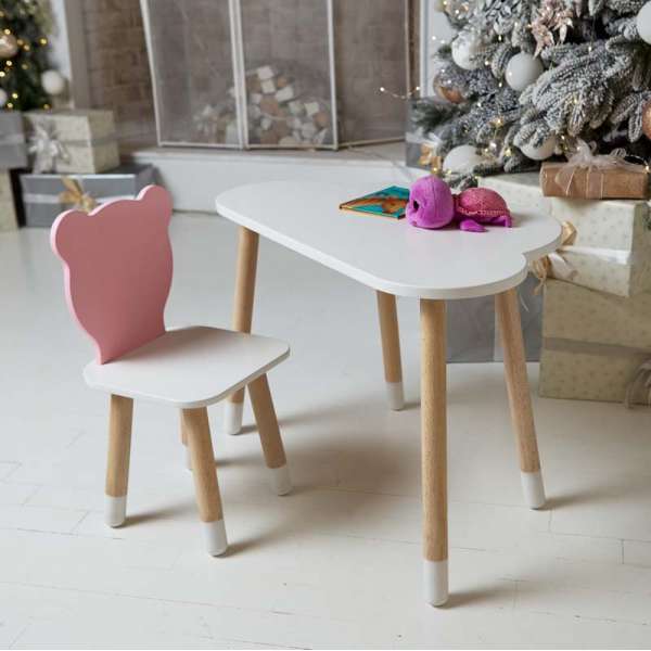 Білий столик хмарка і стільчик ведмедик дитячий рожевий. Білосніжний дитячий столик