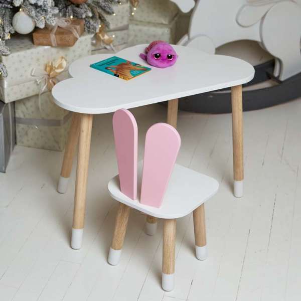 Білий столик хмарка і стільчик зайчик дитячий рожевий, білий дитячий столик