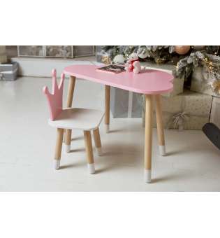 Дитячий столик хмарка і рожевий стільчик коронка з білим сидінням. Столик для ігор, занять, їжі