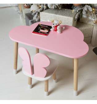 Дитячий стіл хмарка і стільчик метелик рожевий з білим сидінням. Столик для ігор, занять, їжі