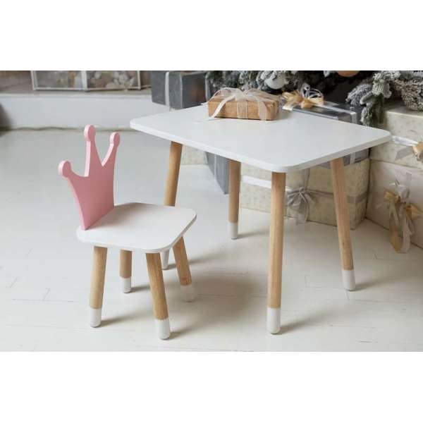 Дитячий білий прямокутний стіл і стільчик рожева корона. Столик для ігор, уроків, їжі. Білий столик