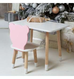 Білий прямокутний столик і стільчик дитячий рожевий ведмежа з білим сидінням. Білий дитячий столик