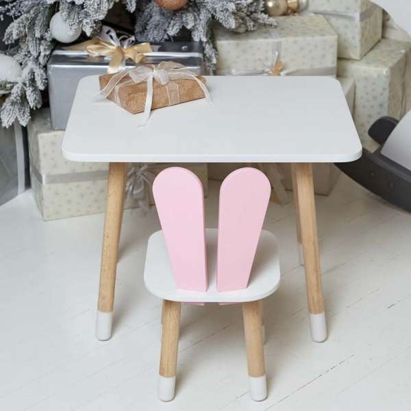 Білий прямокутний столик і стільчик дитячий рожевий зайчик з білим сидінням. Білий дитячий столик