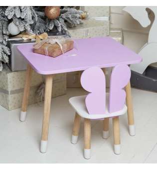 Фіолетовий прямокутний столик і стільчик дитячий метелик із білим сидінням. Фіолетовий дитячий столик