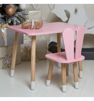Рожевий прямокутний столик і стільчик дитячий зайчик. Рожевий дитячий столик