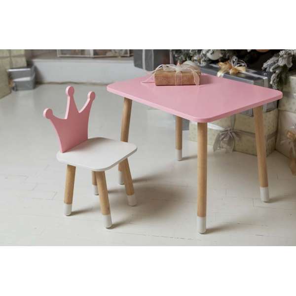 Рожевий прямокутний стіл і стільчик дитячий корона з білим сидінням. Рожевий дитячий столик